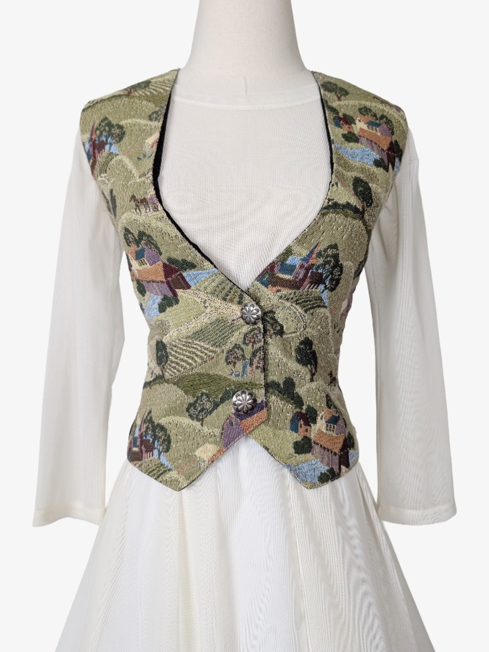 Vintage Tapestry Waistcoat Vest Embroidered Farm Houses Boho Size Medium